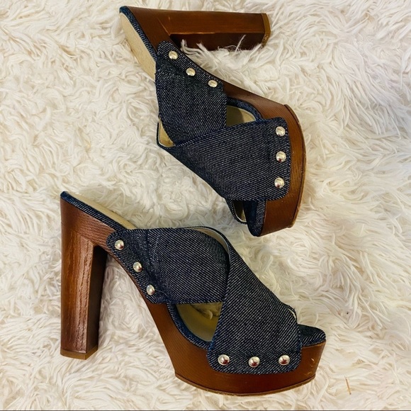 Vince Camuto Blue Denim Heels Platforms Platform Sandals Studs Wooden. - Picture 9 of 14